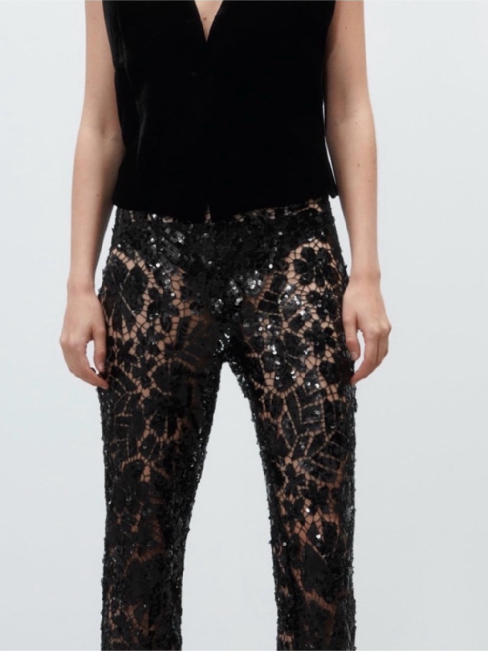 Zara Black Sequin Lace Skinny Pants